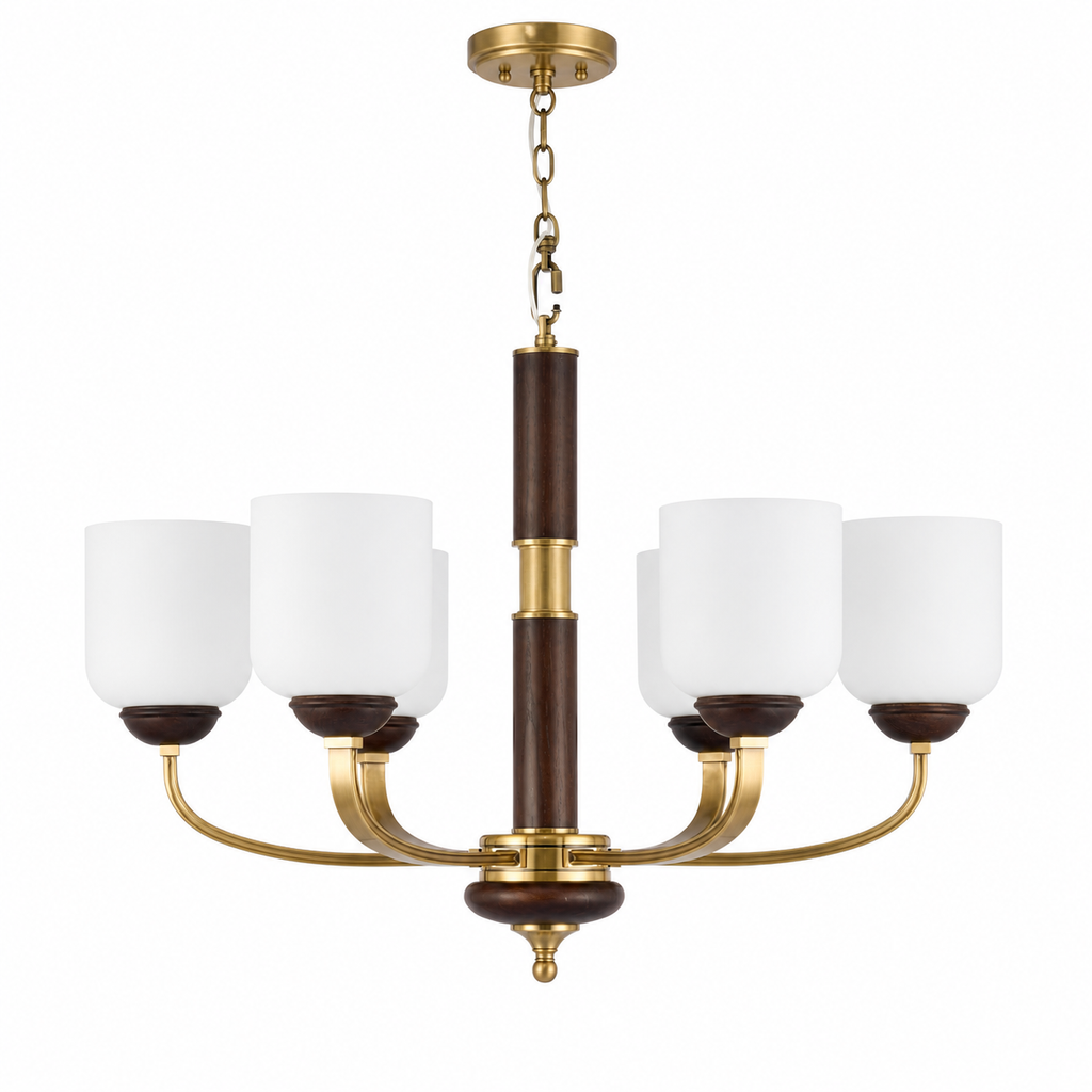 Bellgrave Opal Glass, Antique Brass and Ash Wood Chandelier