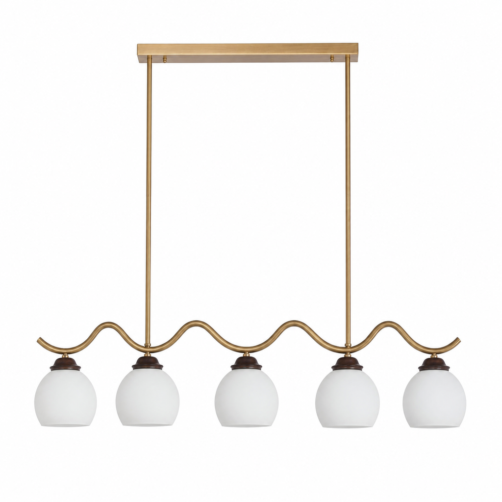 Ondervale Opal Glass, Antique Brass and Ash Wood Linear Chandelier