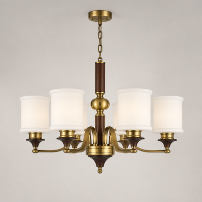 Alderleigh Opal Glass, Antique Brass and Ash Wood Chandelier