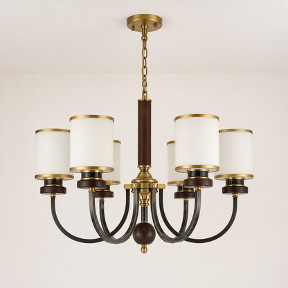 Ashbourne Opal Glass, Blackened Brass and Ash Wood Chandelier