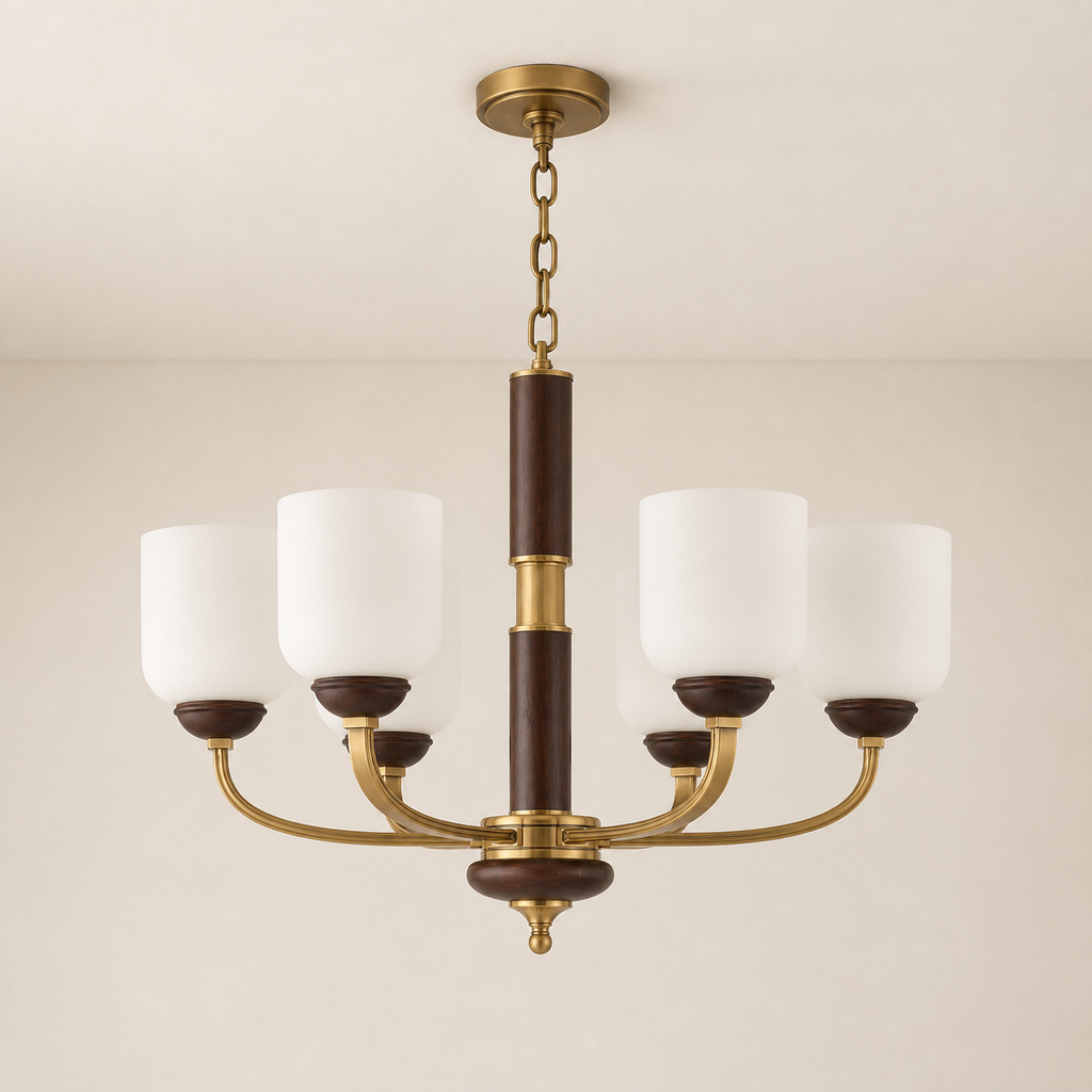 
Bellgrave Opal Glass, Antique Brass and Ash Wood Chandelier
