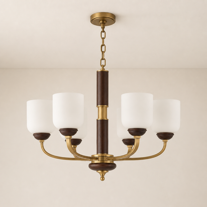 Bellgrave Opal Glass, Antique Brass and Ash Wood Chandelier