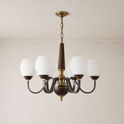 Caldwell Rounded Opal Glass, Antique Brass and Dark Ash Wood Chandelier