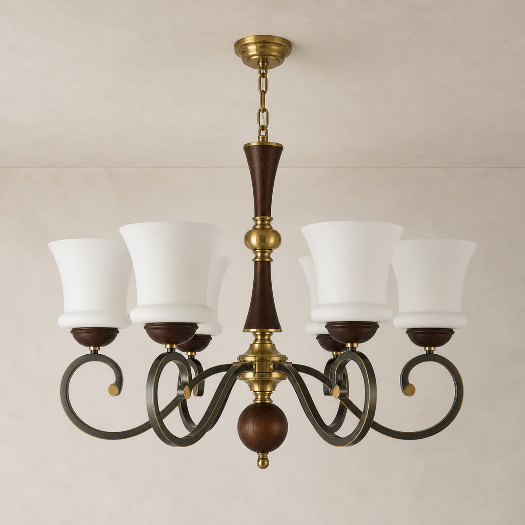 
Langford Flared Opal Glass, Antique Brass and Dark Ash Wood Chandelier