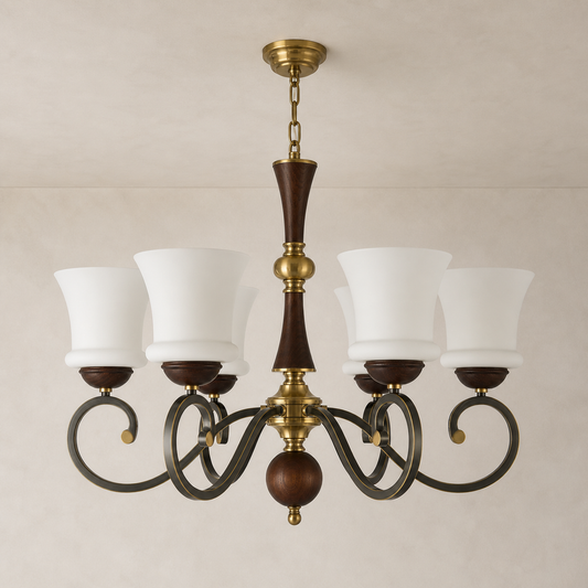 
Langford Flared Opal Glass, Antique Brass and Dark Ash Wood Chandelier