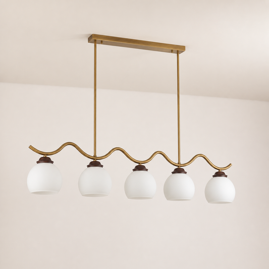 
Ondervale Opal Glass, Antique Brass and Ash Wood Linear Chandelier