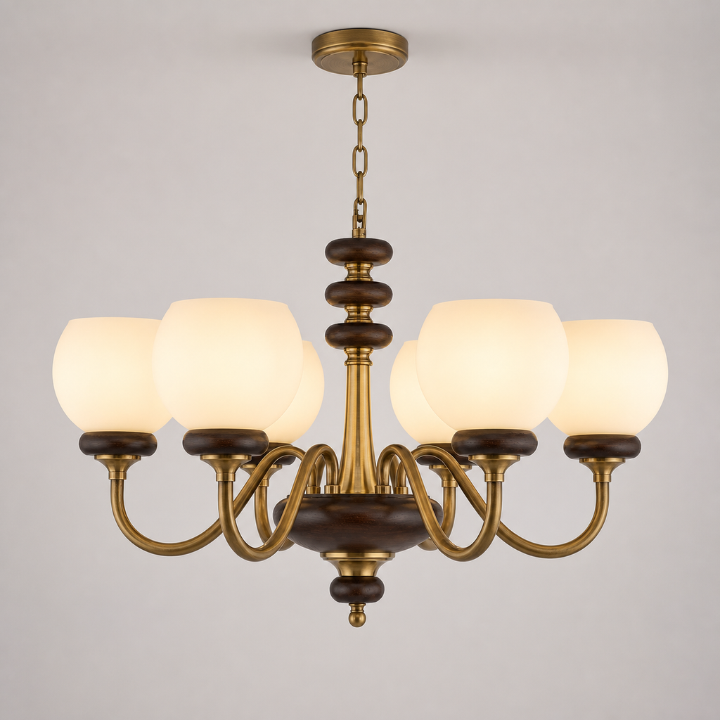 
Ravenelle Opal Glass, Antique Brass and Ash Wood Chandelier