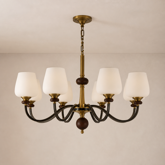 
Wetherby Opal Glass, Antique Brass and Dark Ash Wood Chandelier