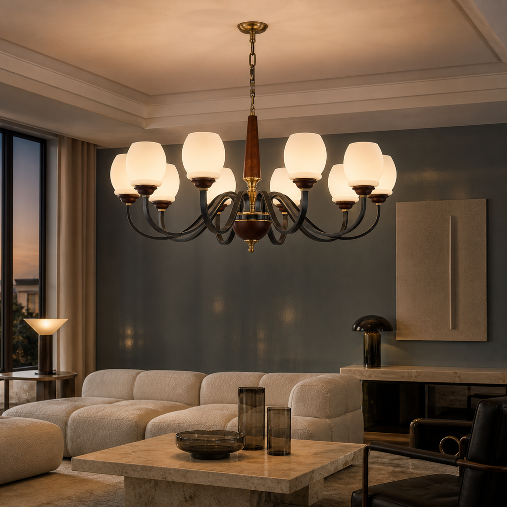 
Caldwell Rounded Opal Glass, Antique Brass and Dark Ash Wood Chandelier