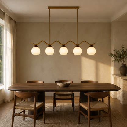 Ondervale Opal Glass, Antique Brass and Ash Wood Linear Chandelier