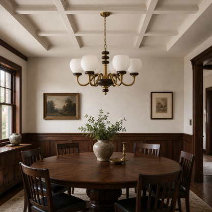 Ravenelle Opal Glass, Antique Brass and Ash Wood Chandelier