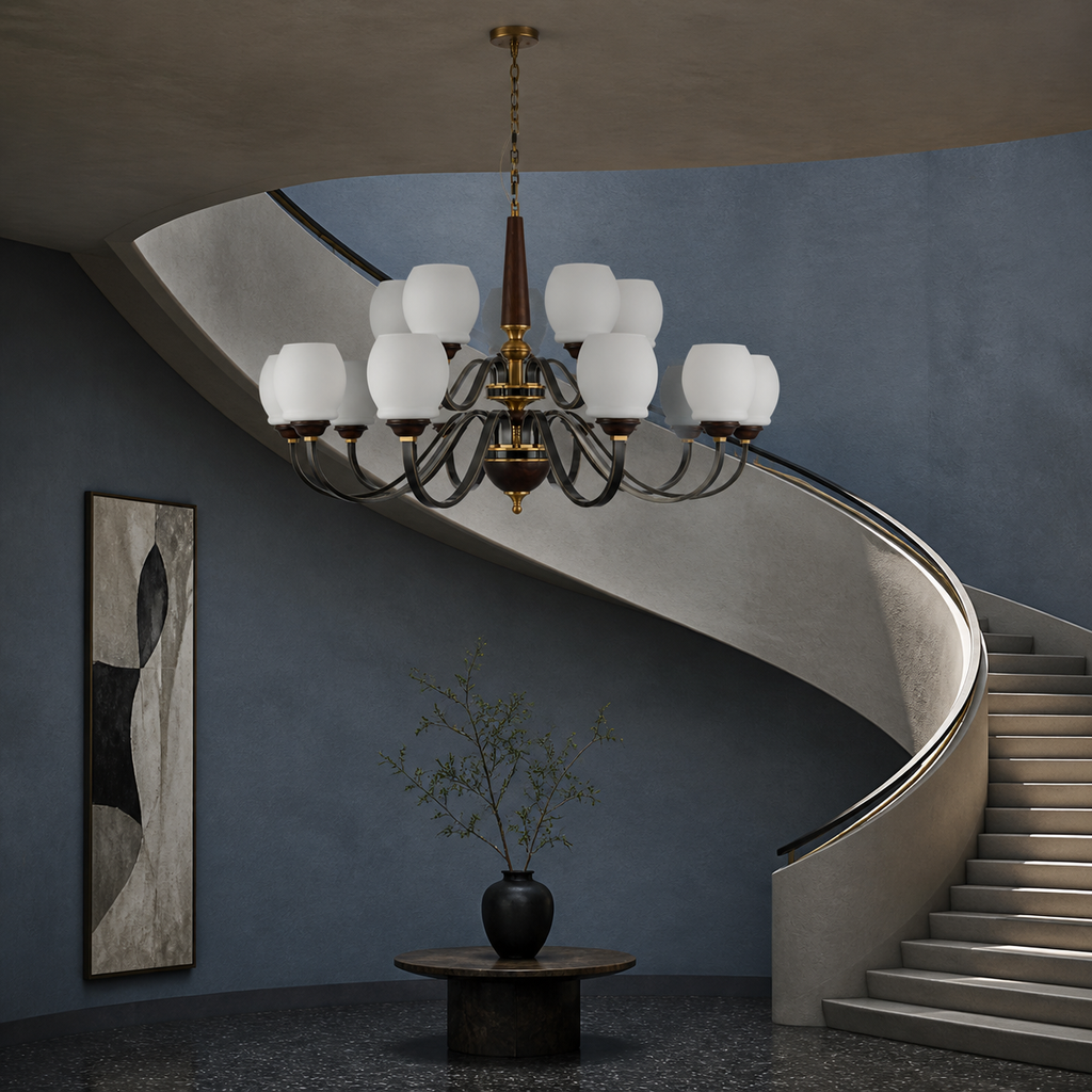 
Caldwell Rounded Opal Glass, Antique Brass and Dark Ash Wood Chandelier