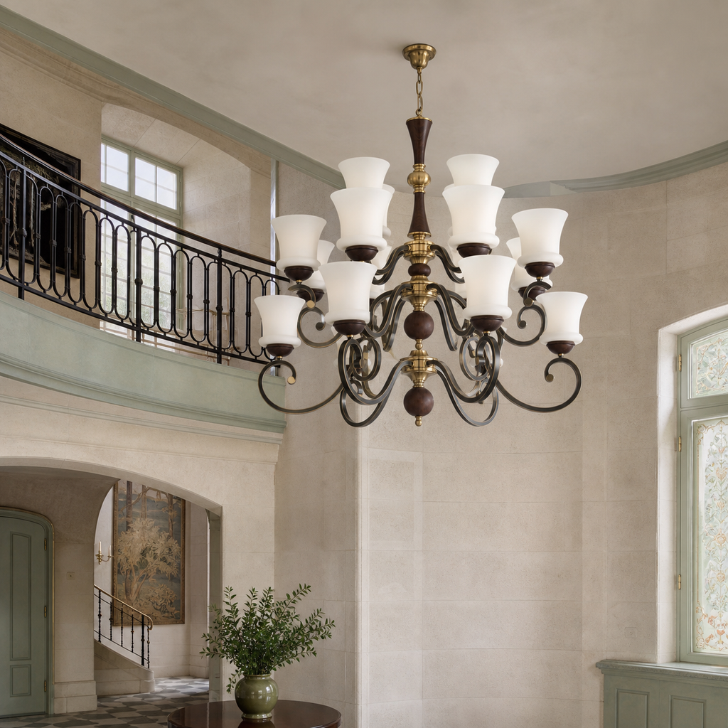
Langford Flared Opal Glass, Antique Brass and Dark Ash Wood Chandelier