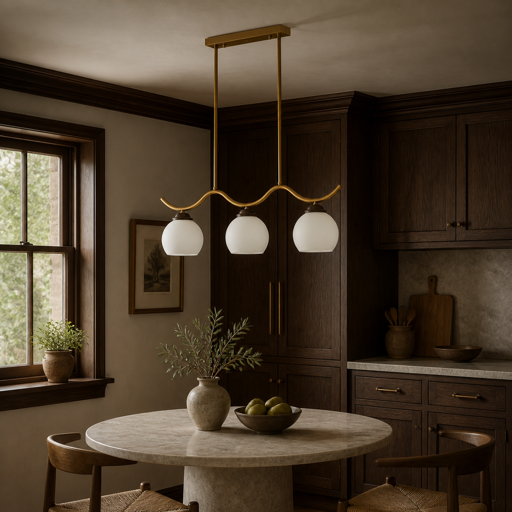 
Ondervale Opal Glass, Antique Brass and Ash Wood Linear Chandelier