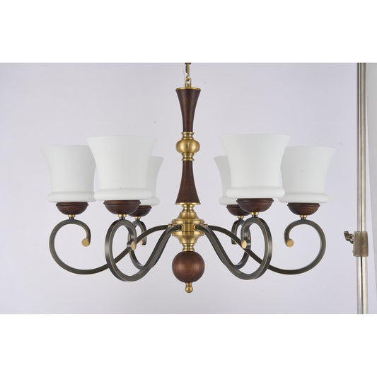 
Supplier real photograph of the Langford six-light chandelier complete unlit front view