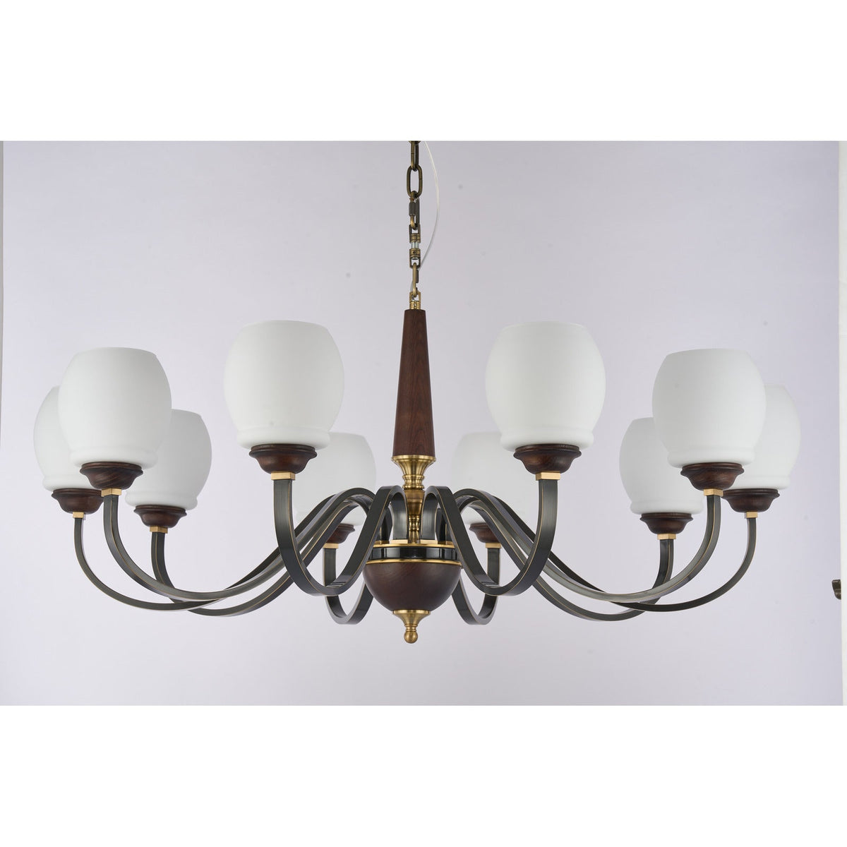 
Supplier real photograph of the Caldwell eight-light chandelier complete unlit front view