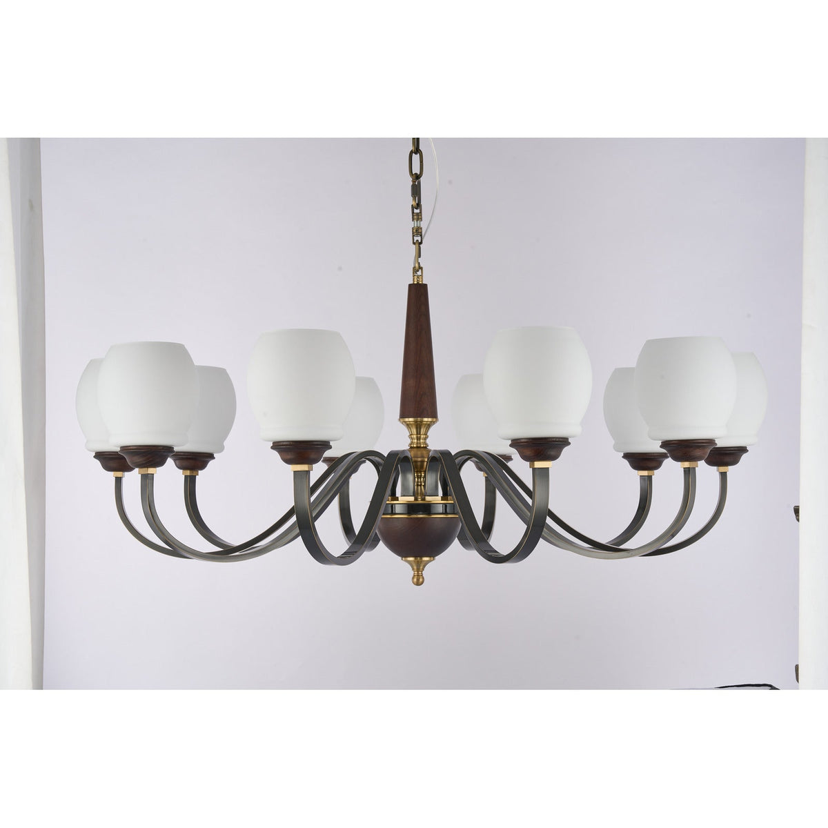 
Supplier real photograph of the Caldwell ten-light chandelier complete unlit front view
