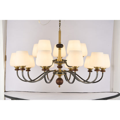 Supplier real photograph of the Wetherby twelve-light two-tier chandelier complete lit front view
