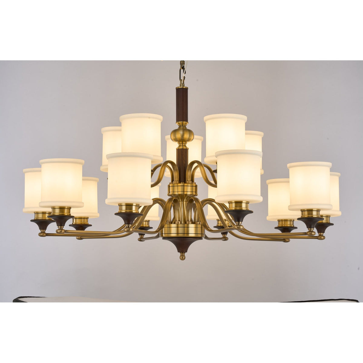 
Supplier real photograph of the Alderleigh fifteen-light two-tier chandelier complete front view