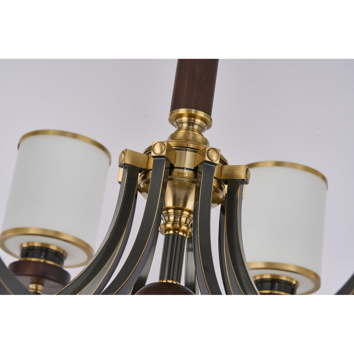 
Ashbourne Opal Glass, Blackened Brass and Ash Wood Chandelier
