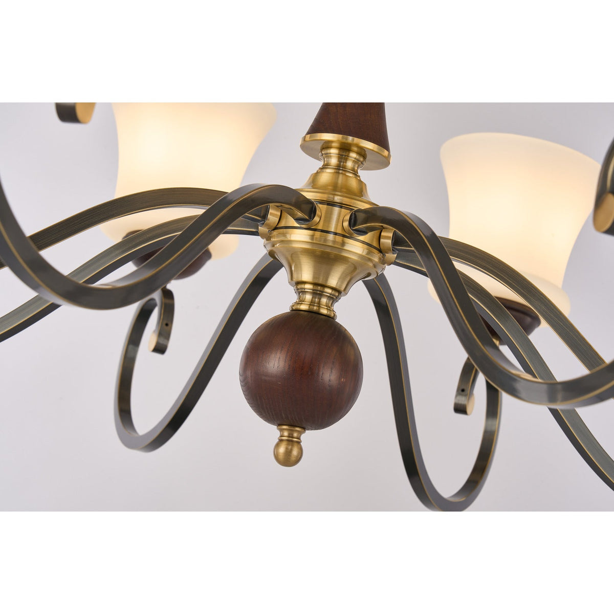 
Langford Flared Opal Glass, Antique Brass and Dark Ash Wood Chandelier