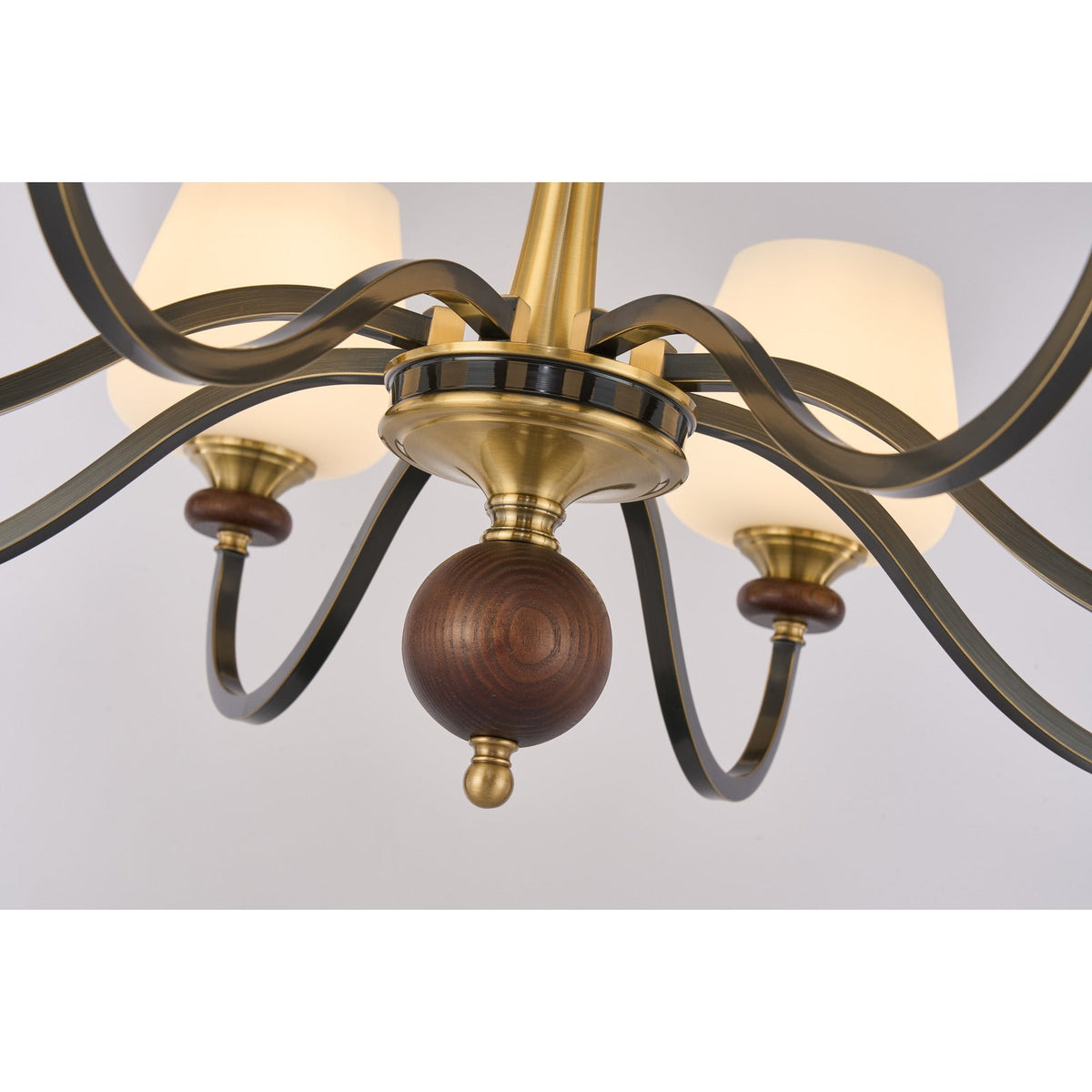 
Wetherby Opal Glass, Antique Brass and Dark Ash Wood Chandelier