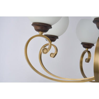 Aurellane Opal Glass, Antique Brass and Ash Wood Chandelier