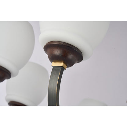 Caldwell Rounded Opal Glass, Antique Brass and Dark Ash Wood Chandelier