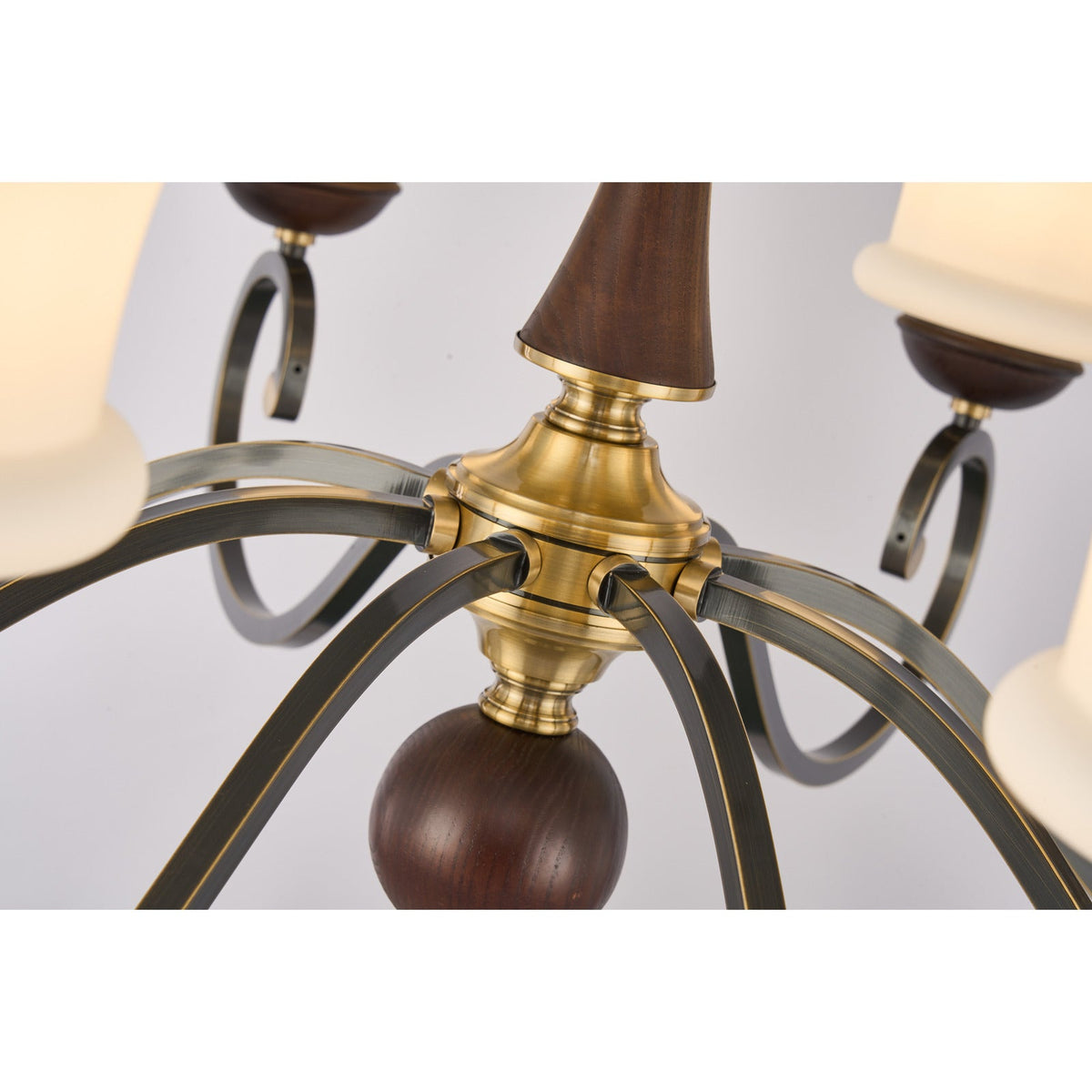 
Langford Flared Opal Glass, Antique Brass and Dark Ash Wood Chandelier