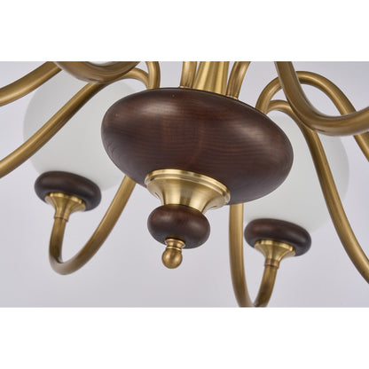 Ravenelle Opal Glass, Antique Brass and Ash Wood Chandelier