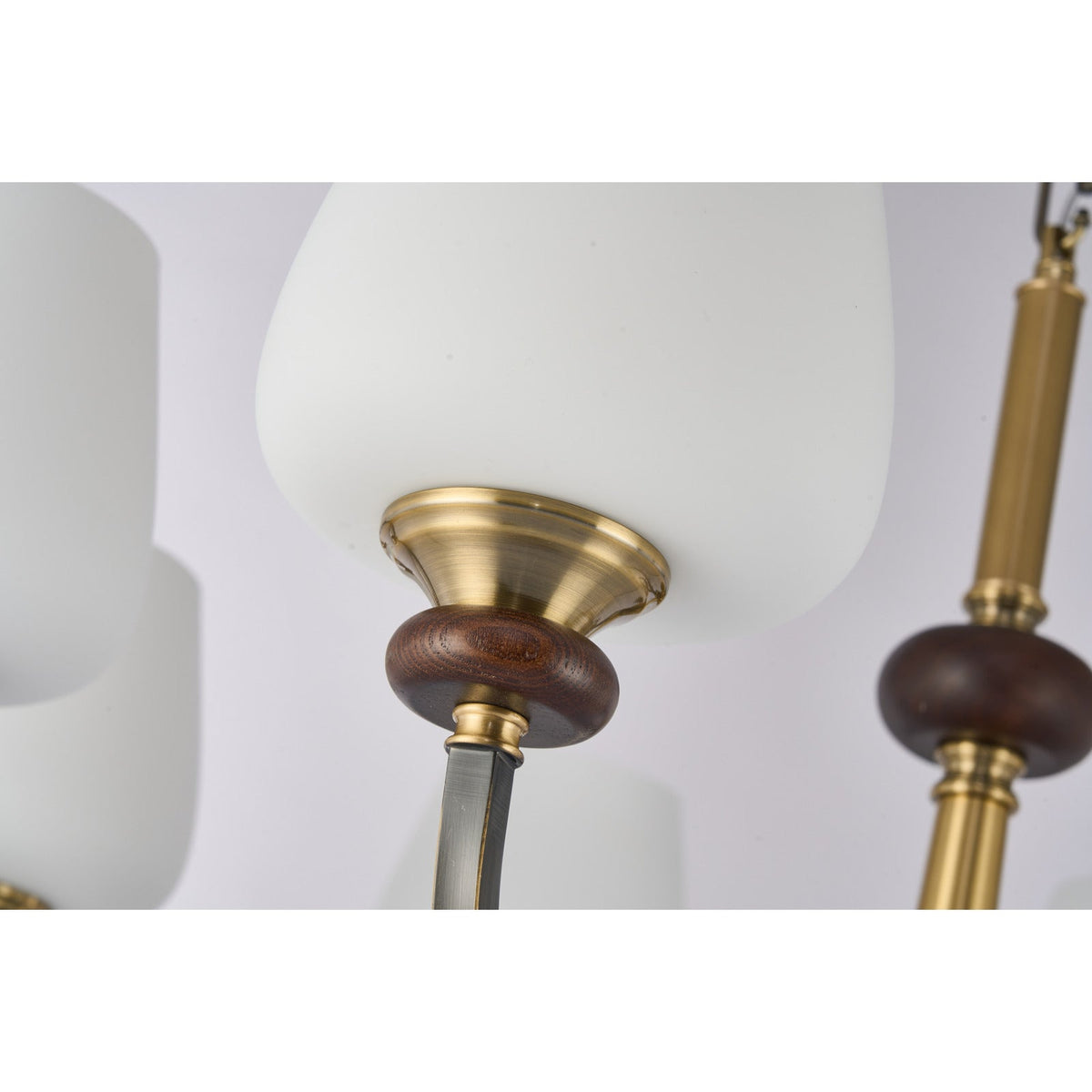 
Wetherby Opal Glass, Antique Brass and Dark Ash Wood Chandelier