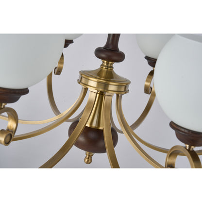 Aurellane Opal Glass, Antique Brass and Ash Wood Chandelier