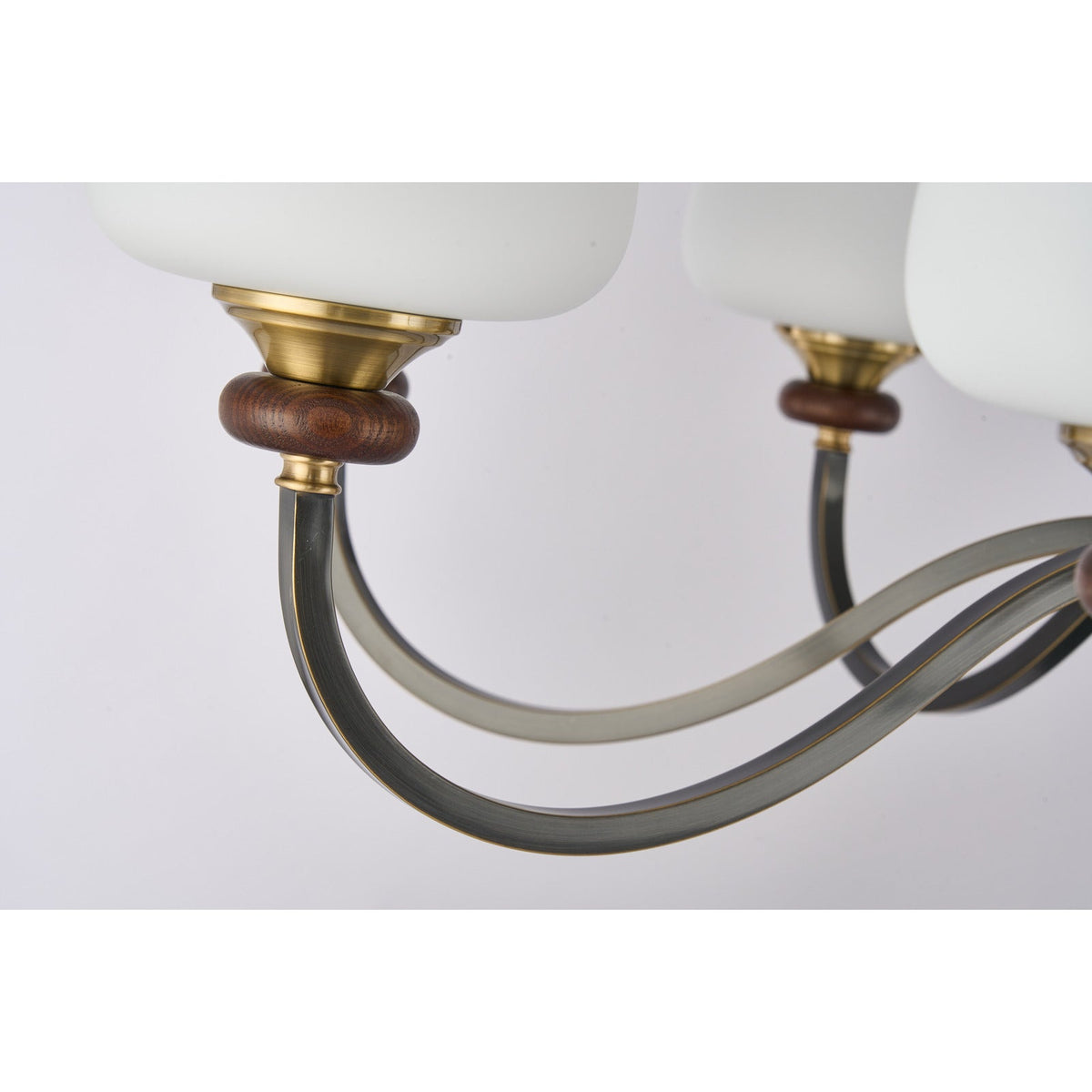 
Wetherby Opal Glass, Antique Brass and Dark Ash Wood Chandelier