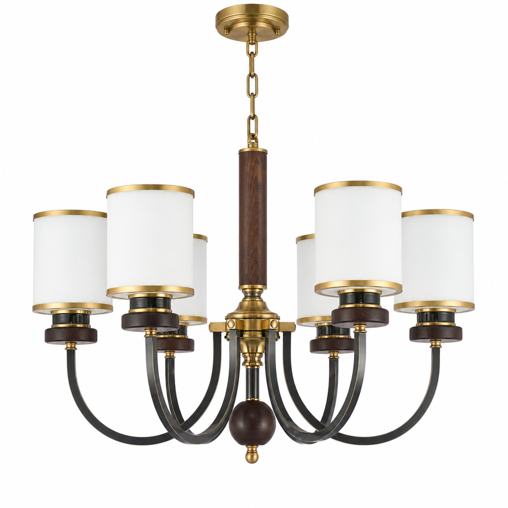 
Ashbourne Opal Glass, Blackened Brass and Ash Wood Chandelier