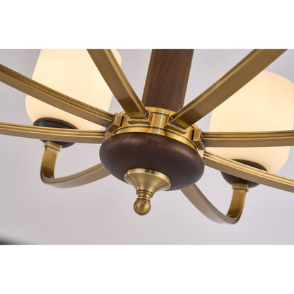 Bellgrave Opal Glass, Antique Brass and Ash Wood Chandelier