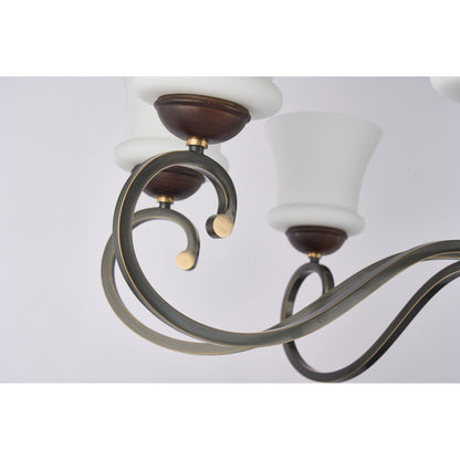 Langford Flared Opal Glass, Antique Brass and Dark Ash Wood Chandelier