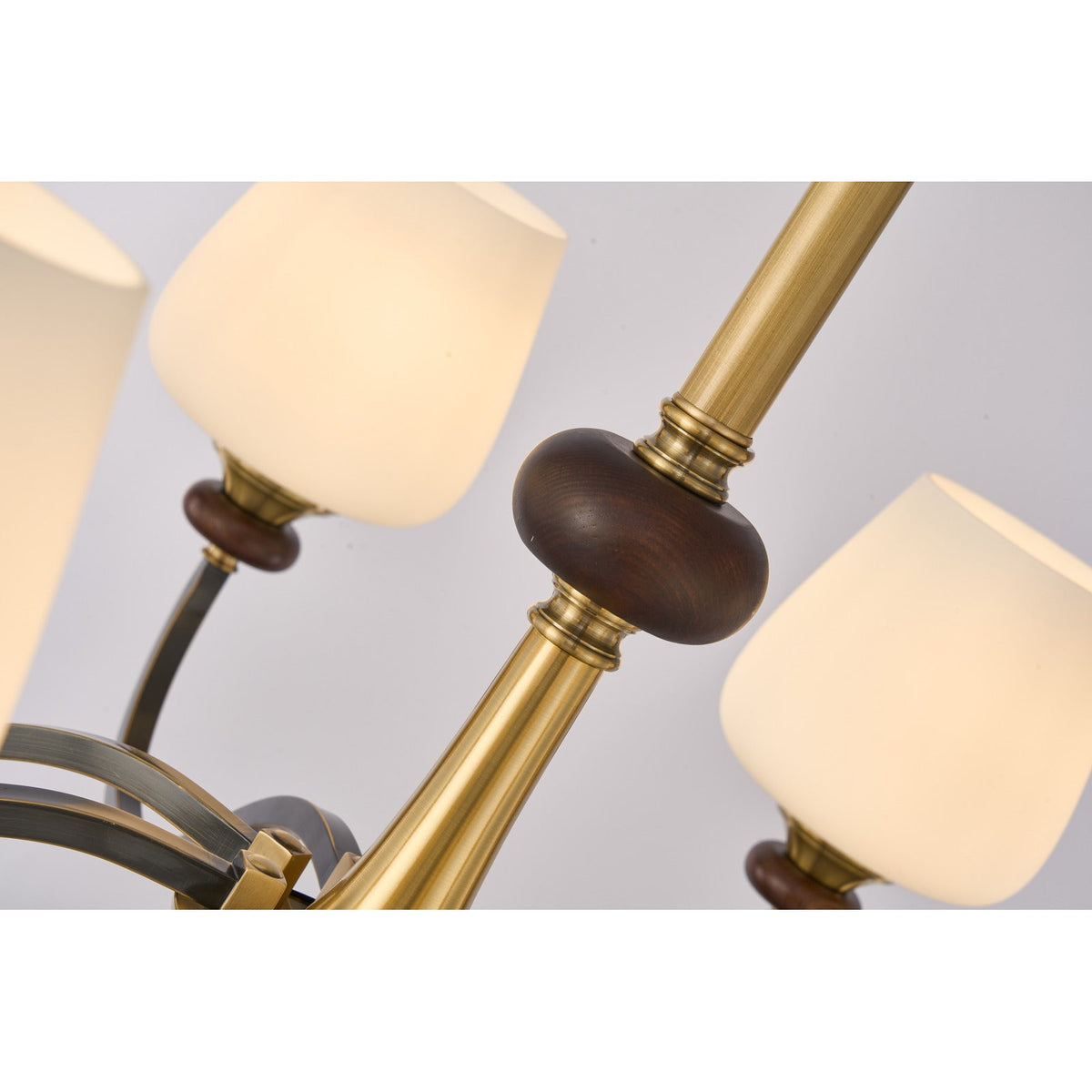 
Wetherby Opal Glass, Antique Brass and Dark Ash Wood Chandelier