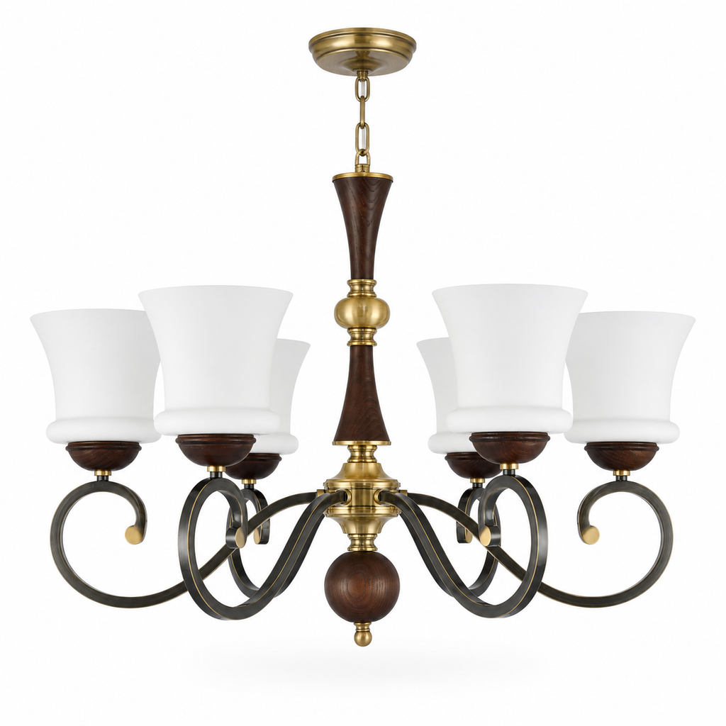 
Langford Flared Opal Glass, Antique Brass and Dark Ash Wood Chandelier
