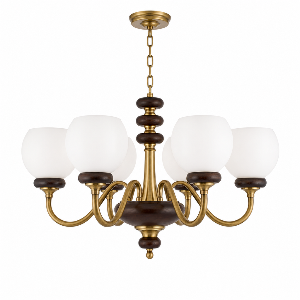 
Ravenelle Opal Glass, Antique Brass and Ash Wood Chandelier